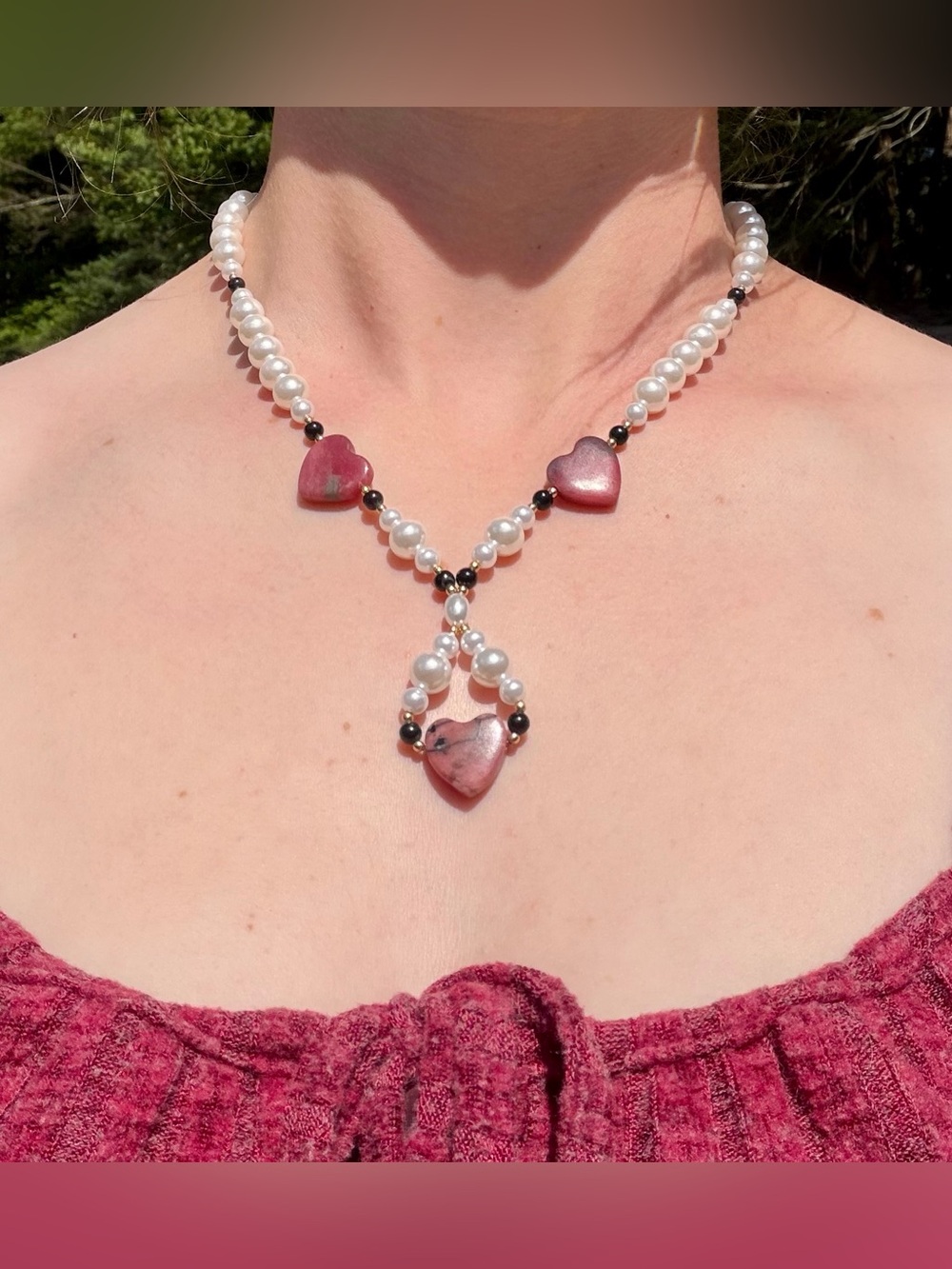 Pearl and Pink Heart Pendant Necklace - Women Jewelry